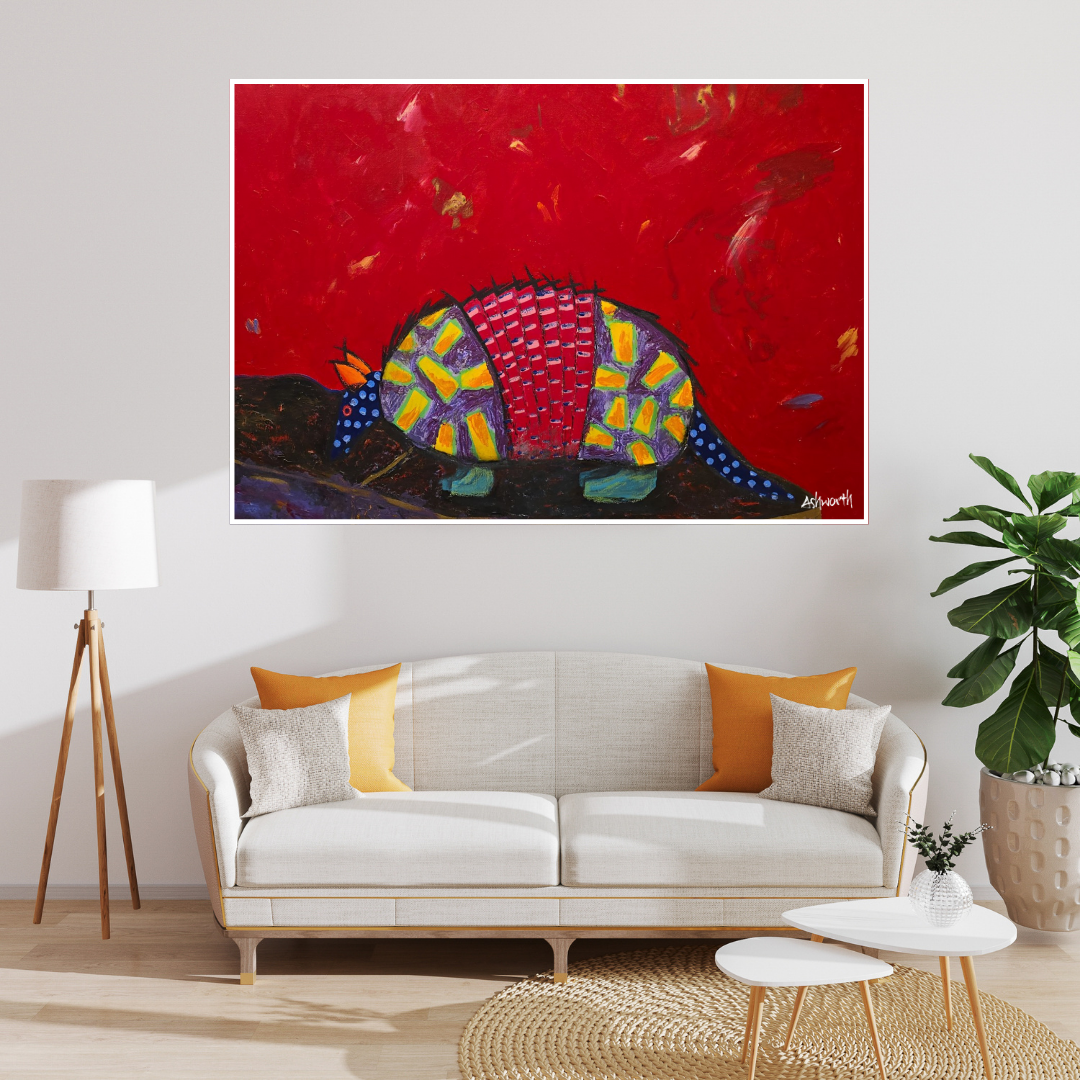 Red armadillo-print art